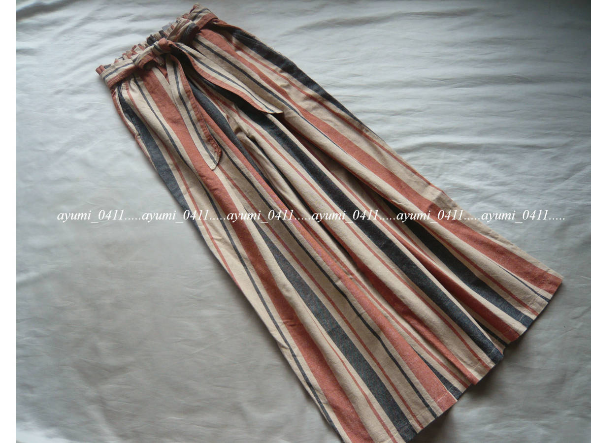 ★未使用★Ray BEAMS レイビームス/マルチストライプ柄・ウエストリボン付き フリルウエスト リネンMIX ワイドパンツ/手洗い◎/9号M