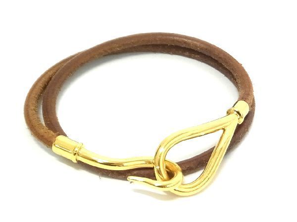 1円 ■美品■ HERMES エルメス ジャンボ ゴールド金具 2連ブレスレット チョーカー アクセサリー メンズ レディース ブラウン系 AM6717