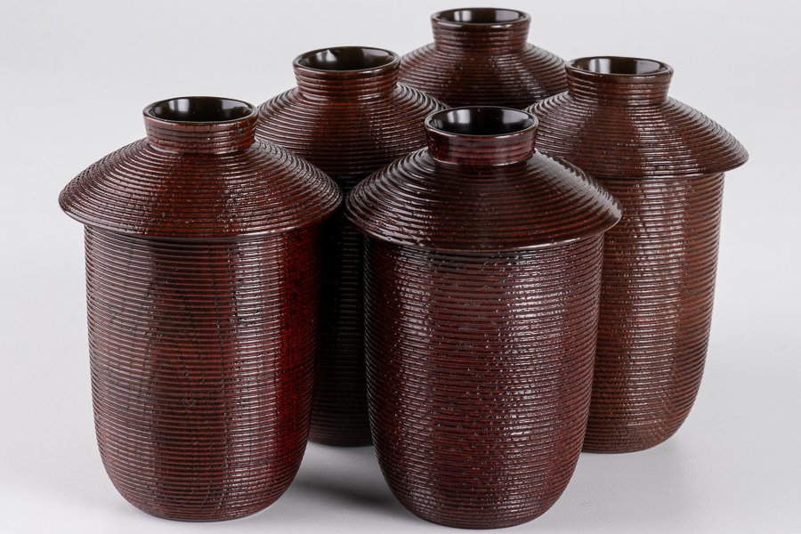 岡本陽斉作 茶懐石 白檀唐草模様箸洗い小吸物椀 蓋付き器 5個セット