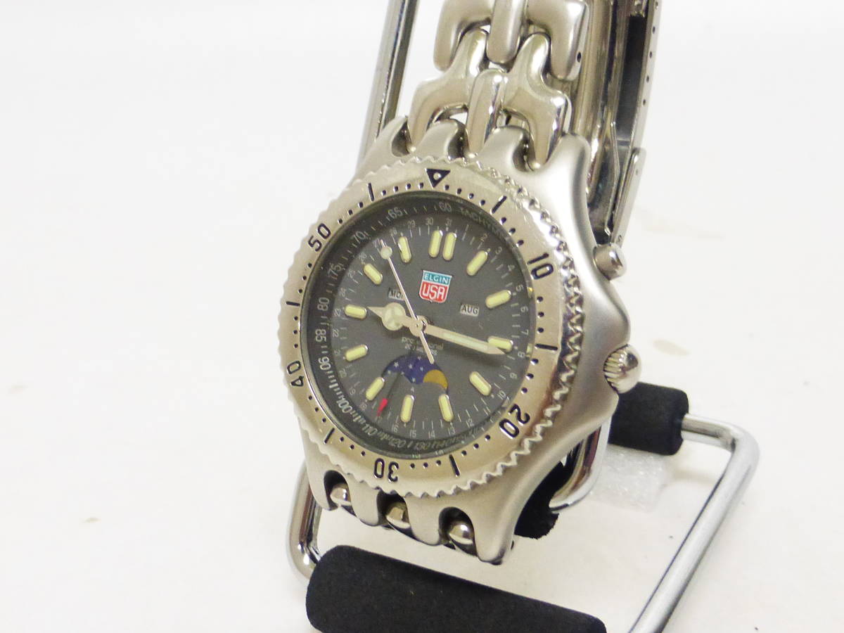☆エルジン クォーツ腕時計 FK-918-A ムーンフェイズ 回転ベゼル 中古 