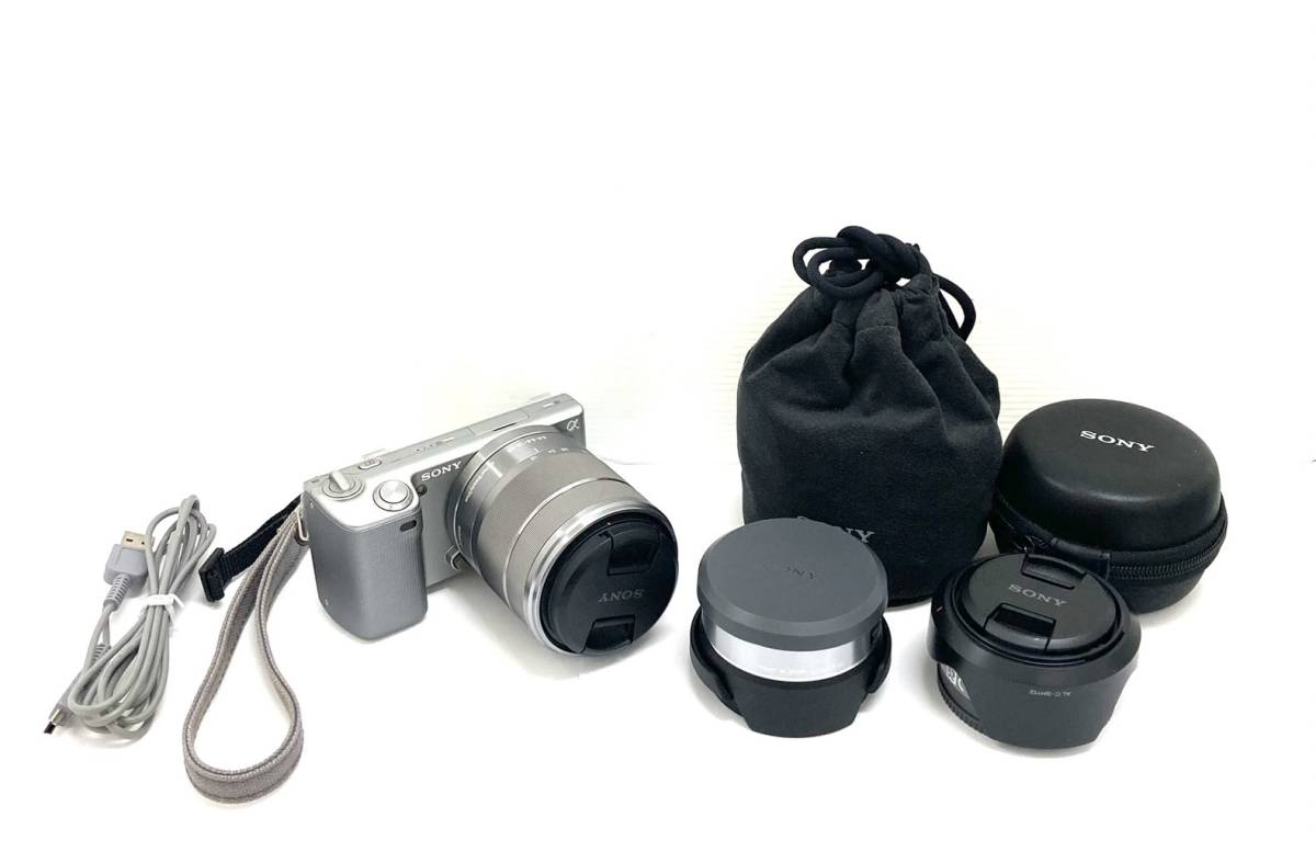 〈カメラ〉 SONY ソニー ボディ　NEX-5 レンズ　SEL1855 SEL16F28 VCL-ECU1 デジタル　一眼 【中古/現状品】003253-⑥