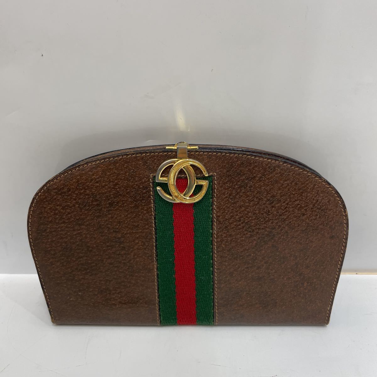 グッチ 二つ折り 財布 ブラウン ゴールド グリーン レッド シェリー 札入れ レザー GUCCI ヴィンテージ ホック