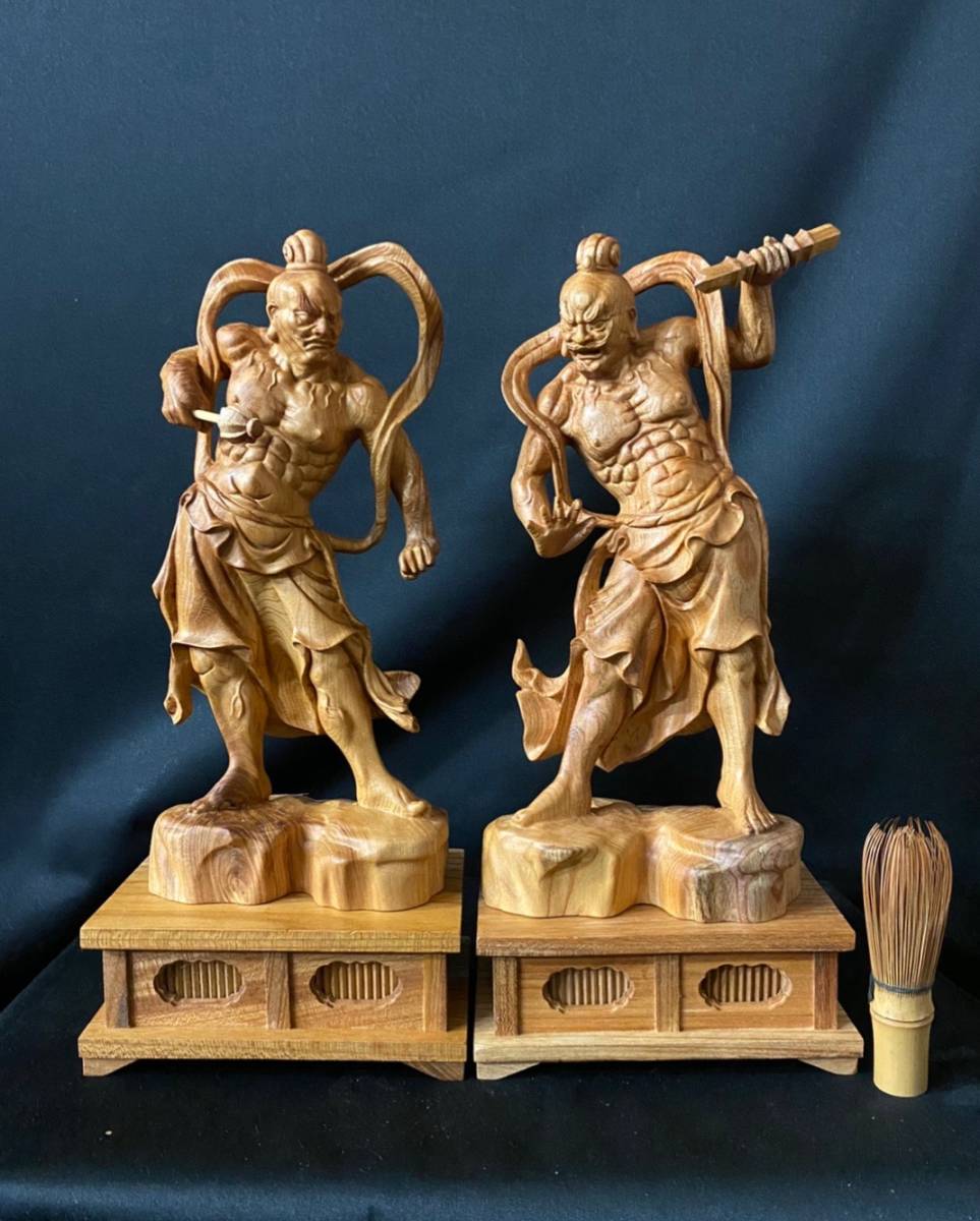 大型38cm 井波彫刻 一刀彫 総ケヤキ材 仏師手仕上げ品 金剛力士像一式