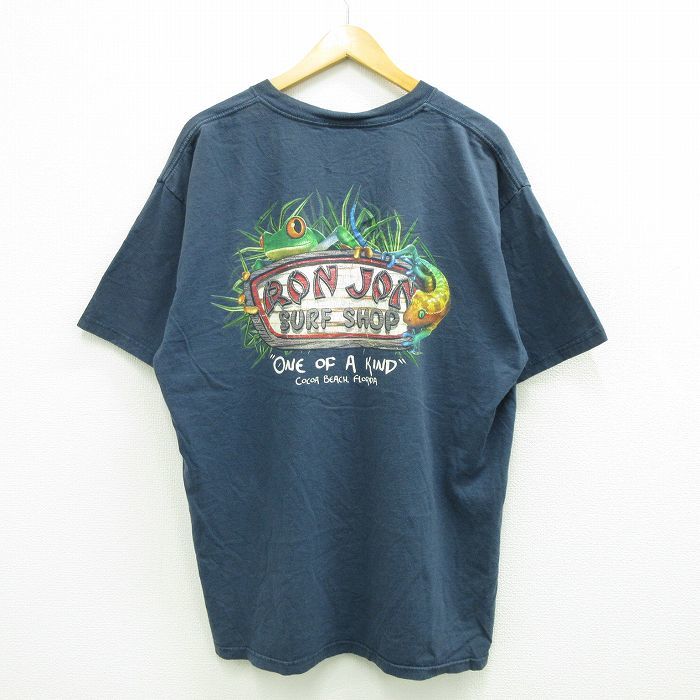 XL/古着 ロンジョン 半袖 Tシャツ メンズ サーフショップ カエル 大きいサイズ コットン クルーネック 紺 ネイビー 23jul21 中古