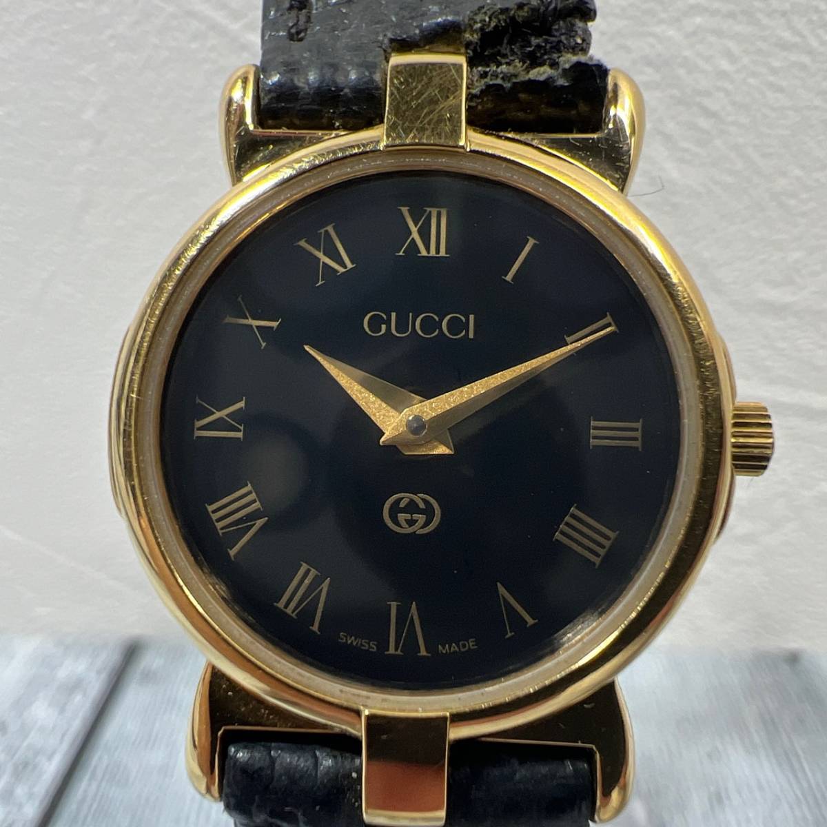 稼働品】グッチ GUCCI 3400L レディース腕時計 黒文字盤 ゴールド