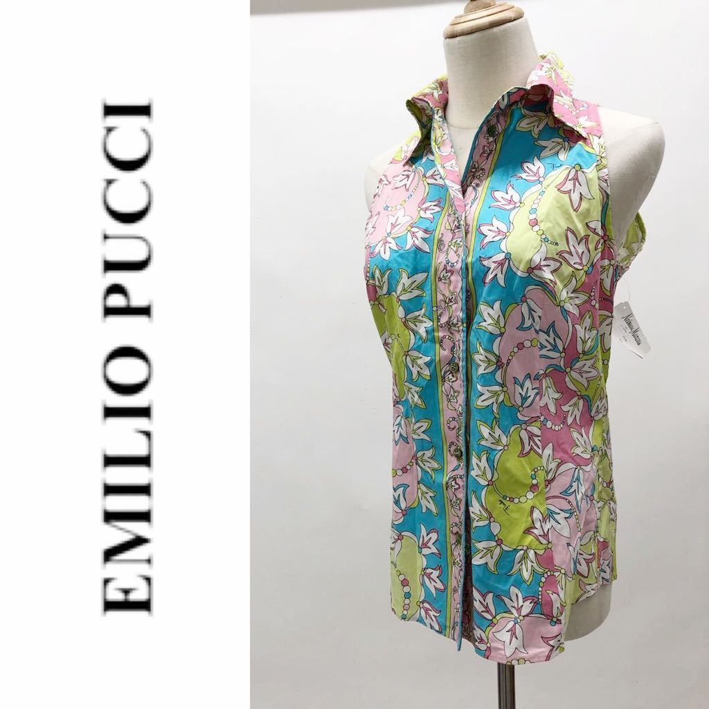 EMILIO PUCCI エミリオプッチ タグ付き イタリア製 ブラウス 花柄 ノースリーブ 袖なし トップス ストレッチ グリーン系 サイズ8 M 相当