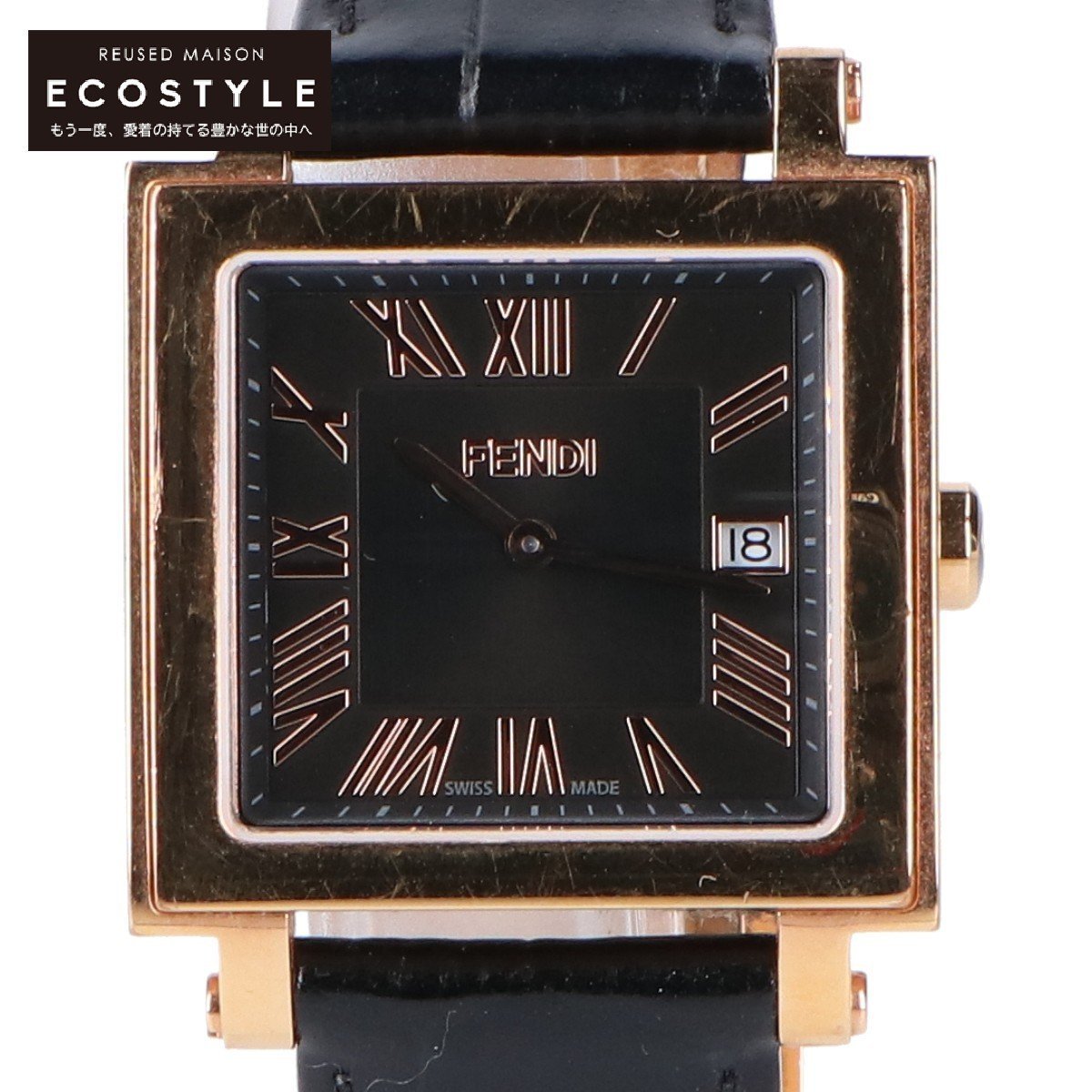 【1円】FENDI フェンディ 007-60500G-661 クアドロ デイト スクエア クオーツウォッチ 腕時計 ゴールド/ブラック
