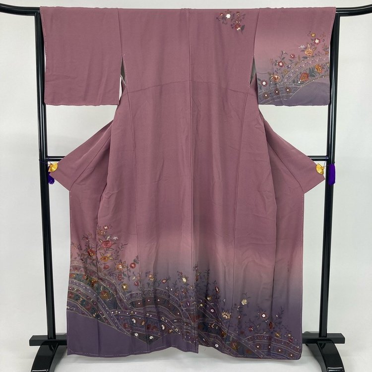 訪問着 中国三大 刺繍 スワトウ刺繍 蘇州汕頭 落款あり 花柄 パープル 身丈