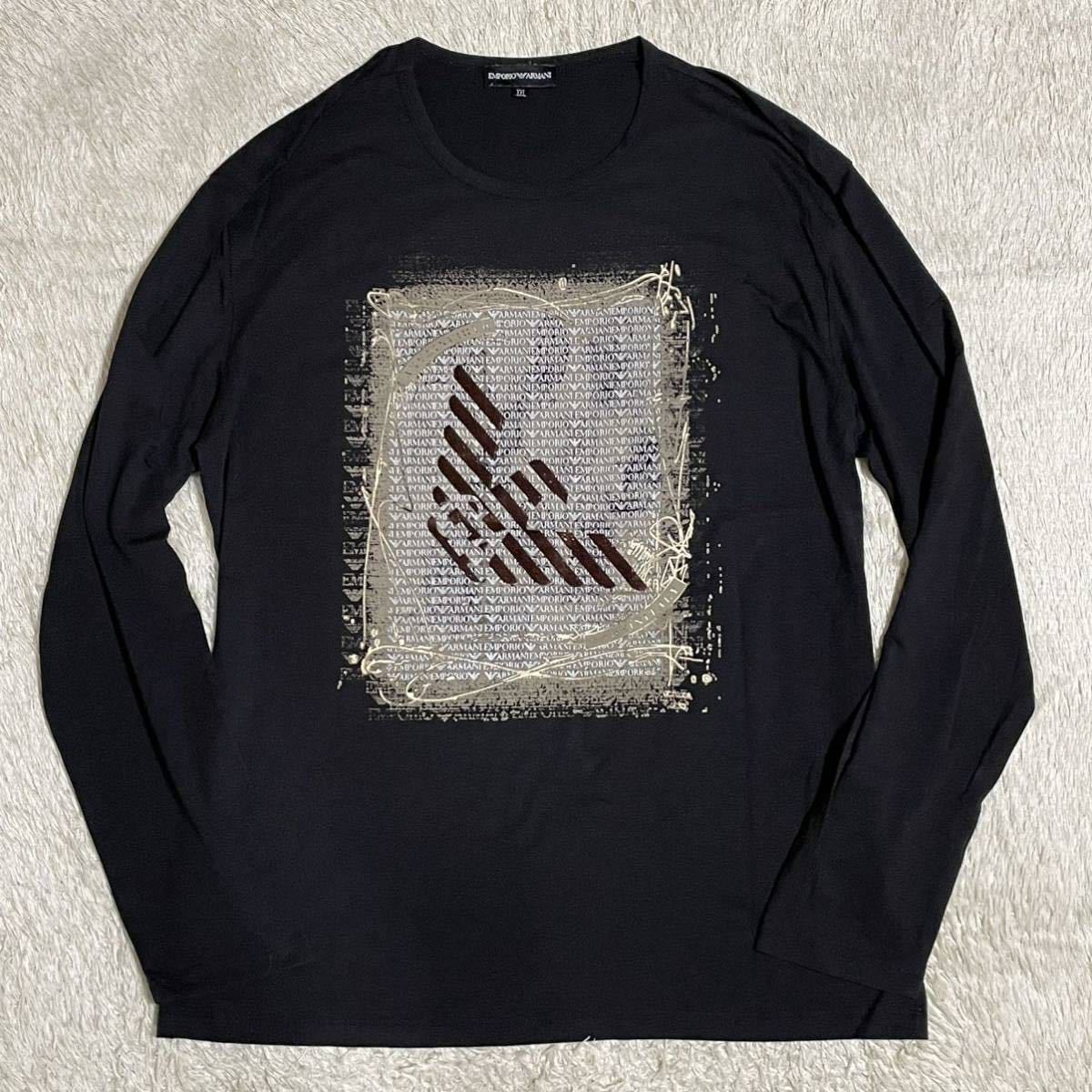 【極美品/希少XXL】EMPORIO ARMANI エンポリオアルマーニ　長袖　Tシャツ　ロンT カットソー　ブラック　黒　ロゴ　人気デザイン　3094
