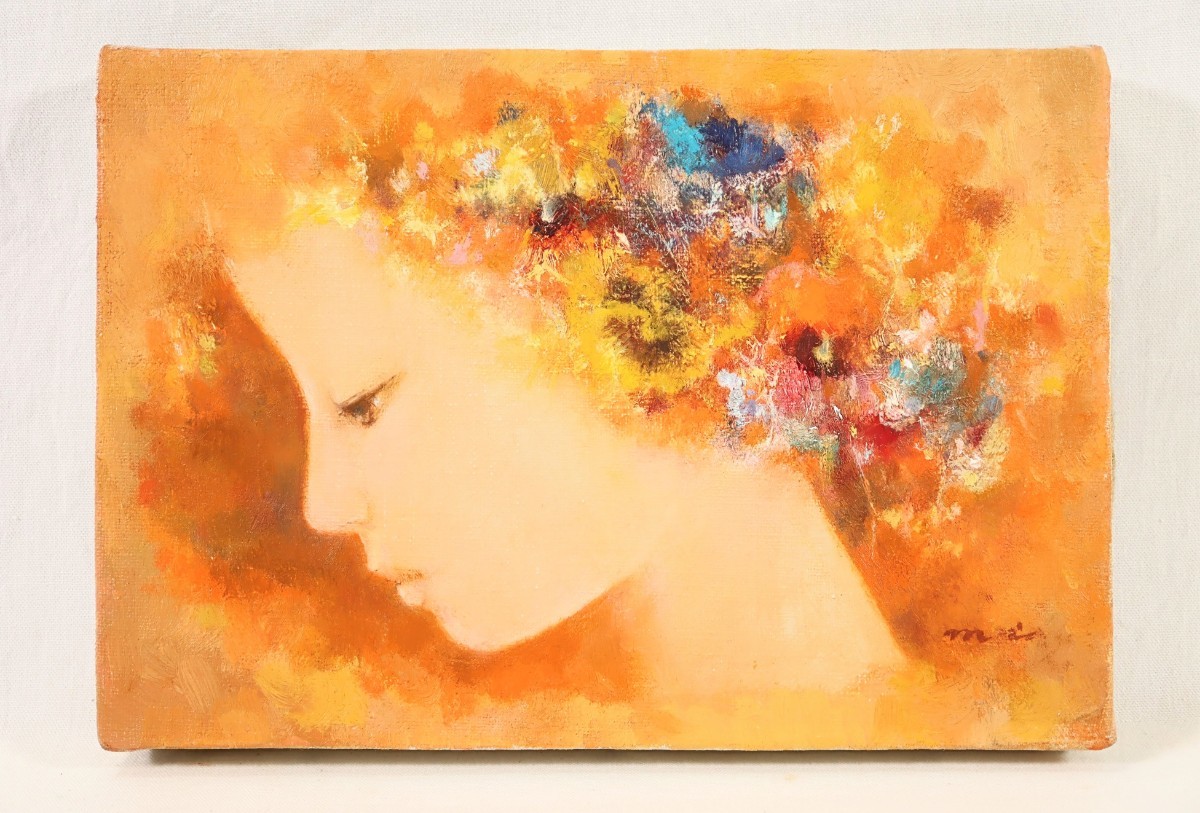 真作 稲葉実 1967年油彩「花飾りの少女」画寸 23cm×16cm SM 愛知県出身 主体美術協会会員 どこか虚ろな表情の美少女 画力が際立つ 7782
