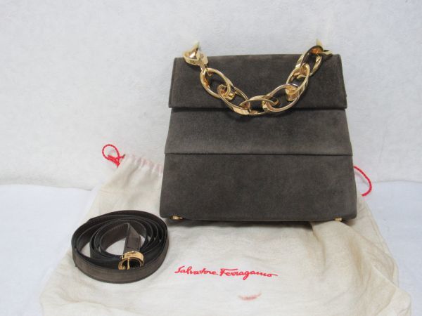 sr1501/Salvatore Ferragamo　フェラガモ　スエード　2way　ハンドバッグ　ショルダー　ダークブラウン系　レディース