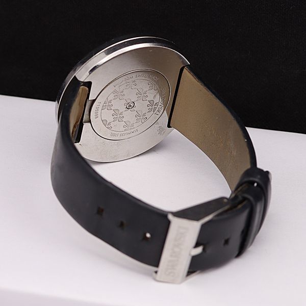 1円 稼働 良品 スワロフスキー QZ 1135988 クリスタルライン 黒文字盤