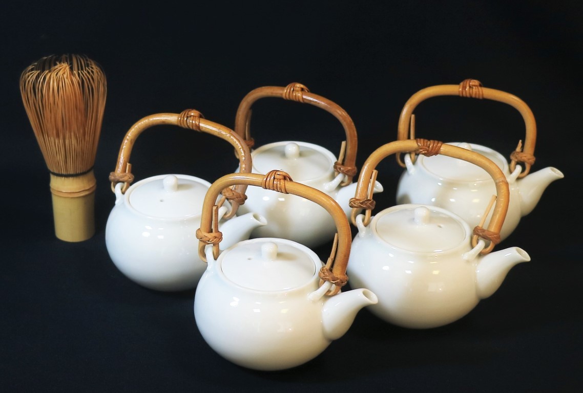 九谷 伊万里 白磁 急須5客 煎茶道具 竹持ち手