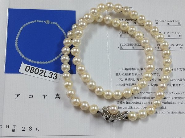 0802L33　本真珠　あこや　ネックレス　宝石鑑別書付　約28ｇ