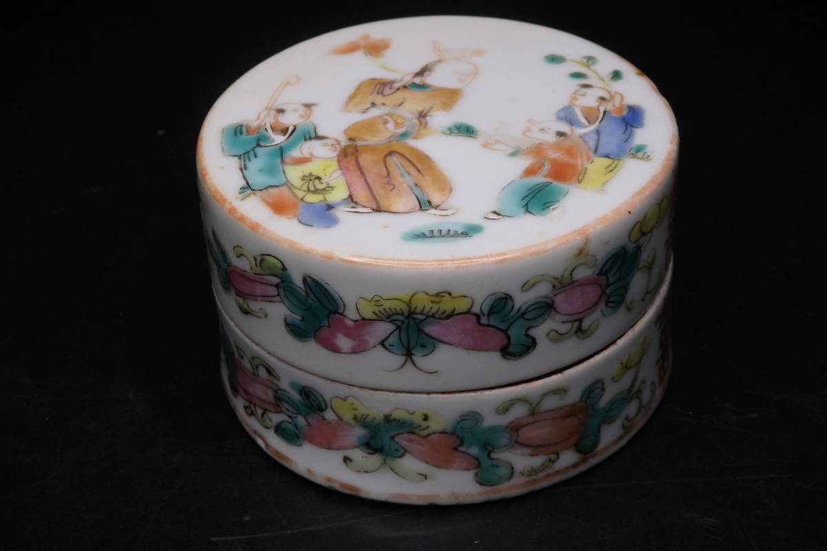 【友】中国美術/新渡 色絵 童子図 朱肉 印肉入＜清代末 景徳鎮窯 煎茶器 煎茶道具 唐物