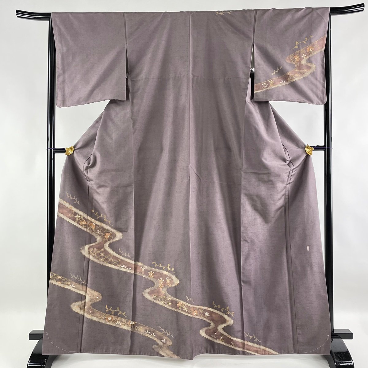 訪問着 身丈167.5cm 裄丈65cm M 袷 紬地 伝統工芸士 椎名淳夫 陶彩染 証紙 花唐草 流水 金彩 灰紫 正絹 美品 名品 【中古】