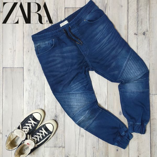 ☆ZARA MAN ザラ☆SOFT Denim インディゴ USED加工 スウェット デニム バイカー ジョガーパンツ XL W34 S1062