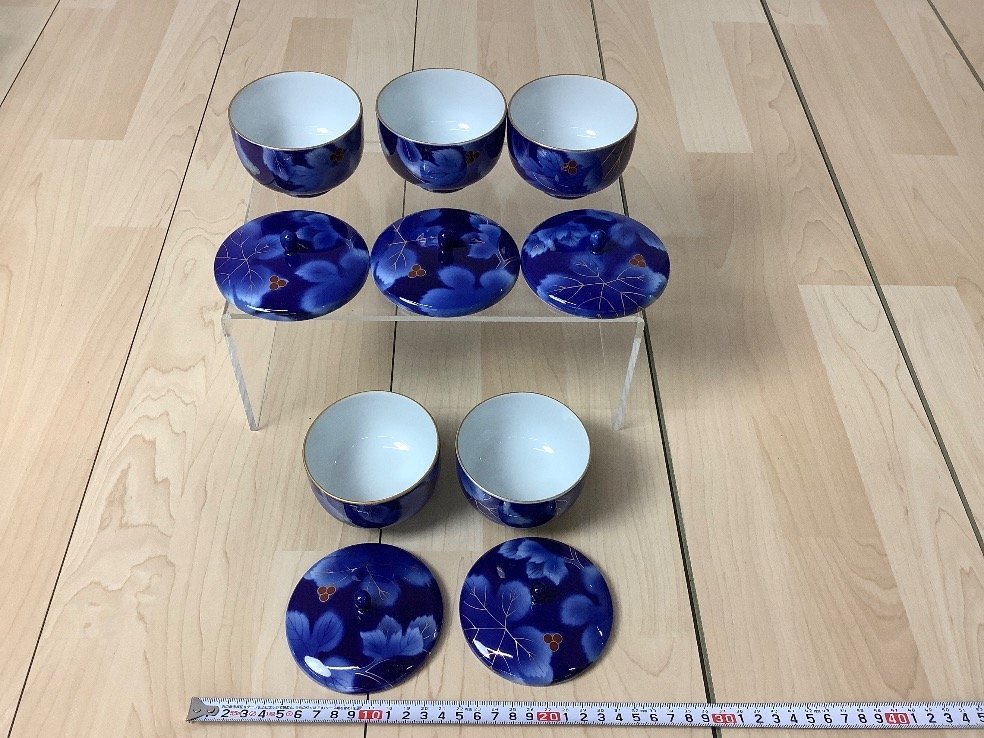 深川製磁 牡丹金ミル 湯呑 茶碗 C459 瑠璃色 深川製磁 金ミル