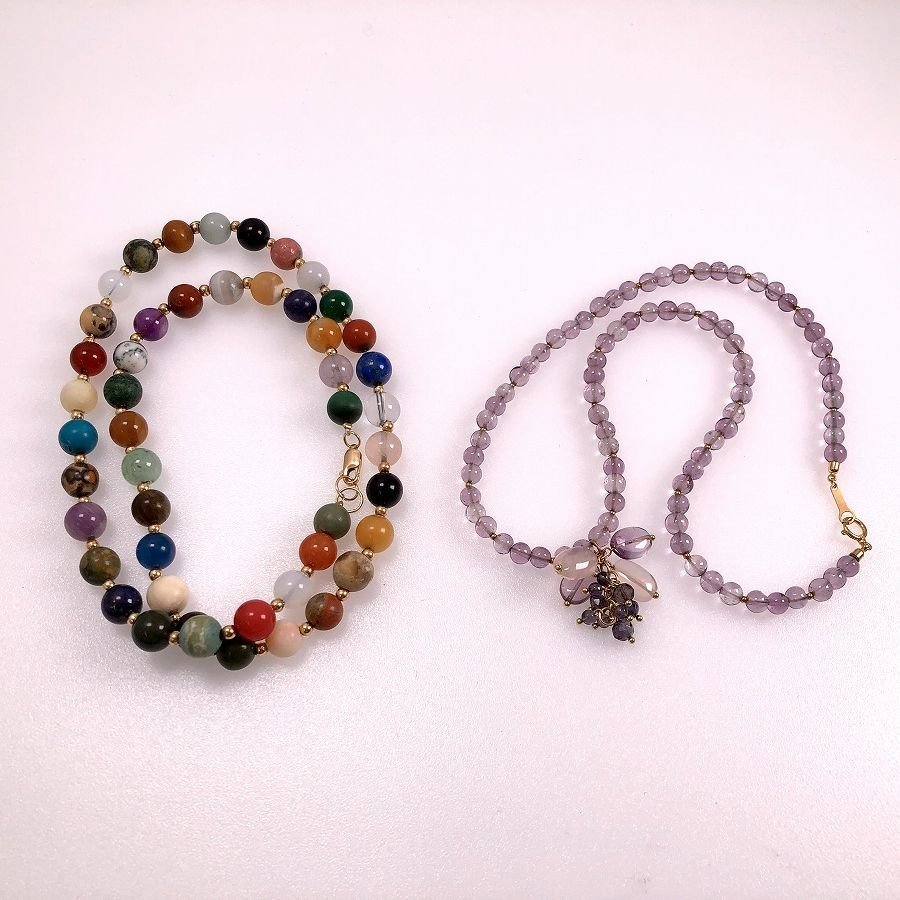 カラーストーン ネックレス2点 金具14K・K18刻印あり 天然石 色石 金 ゴールド[327240