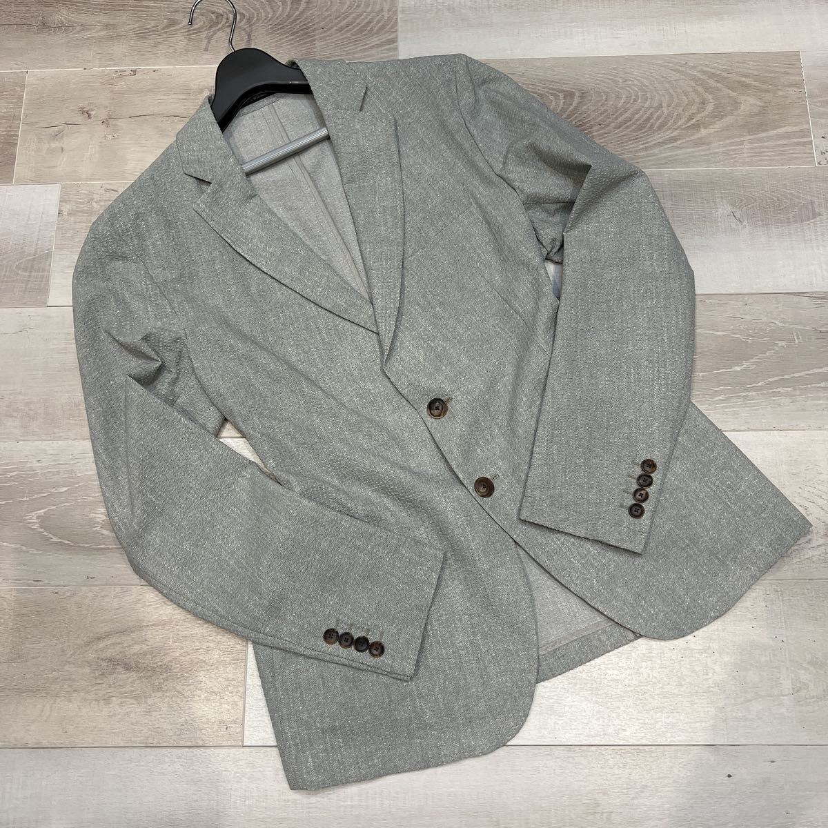 ◆未使用級 美品 エンポリオアルマーニ EMPORIO ARMANI テーラードジャケット シアサッカー ライトブルー ストレッチ 52 XL