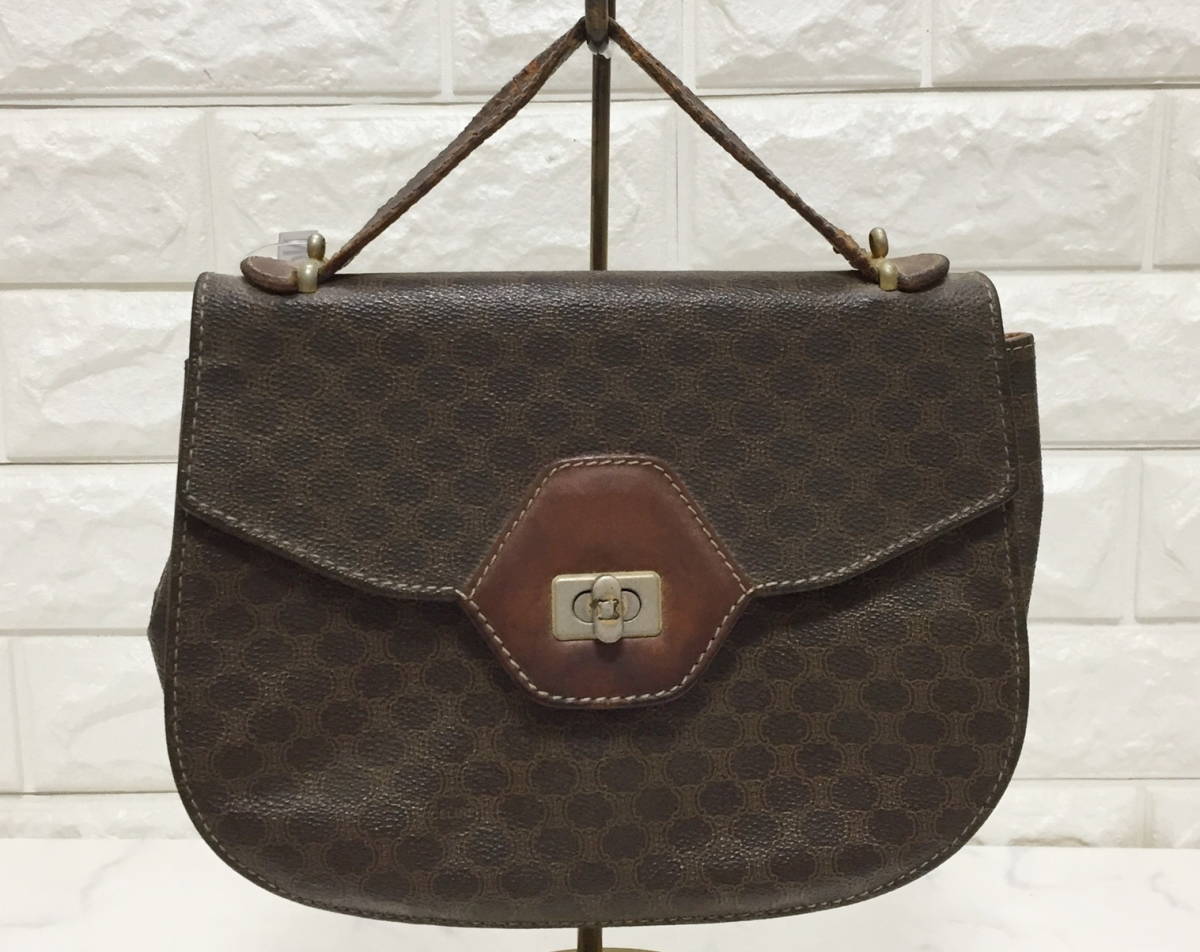 no16409 CELINE オールドセリーヌ ヴィンテージ イタリア製 本革 レザー PVC マカダム ハンドバッグ