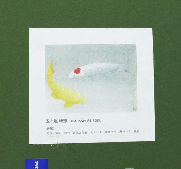 真作】【WISH】五十嵐晴徳「金鱗」日本画 10号 金落款 金泥仕様 絹本