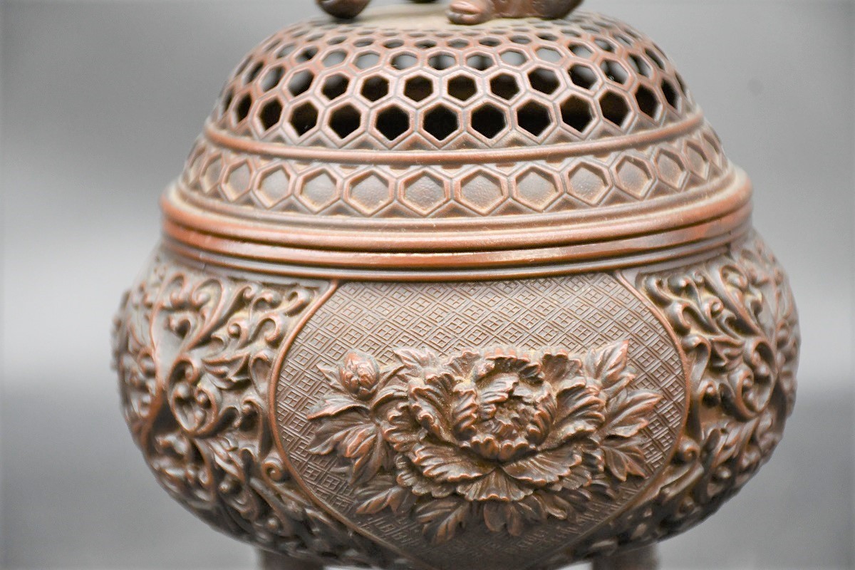 NY8-352【現状品】宏采作 銅製香炉 佐野宏采 三つ足香炉 獅子摘 香炉