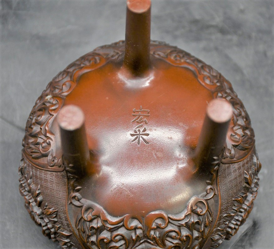 NY8-352【現状品】宏采作 銅製香炉 佐野宏采 三つ足香炉 獅子摘 香炉