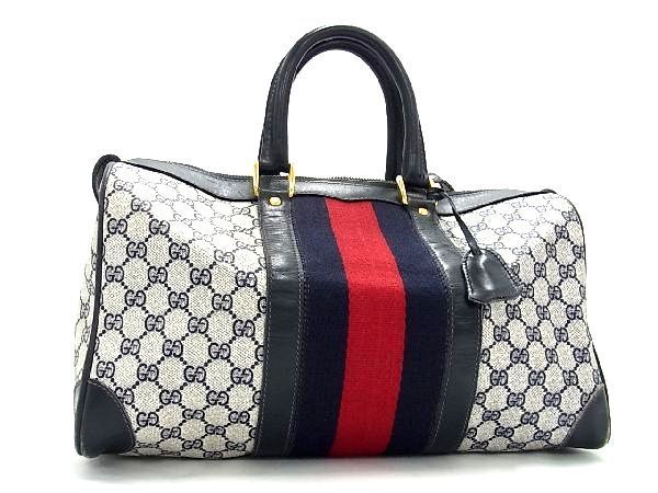 1円 GUCCI オールドグッチ ヴィンテージ シェリーライン GG柄 PVC×レザー ボストン ハンドバッグ トートバッグ ネイビー系 AR3278