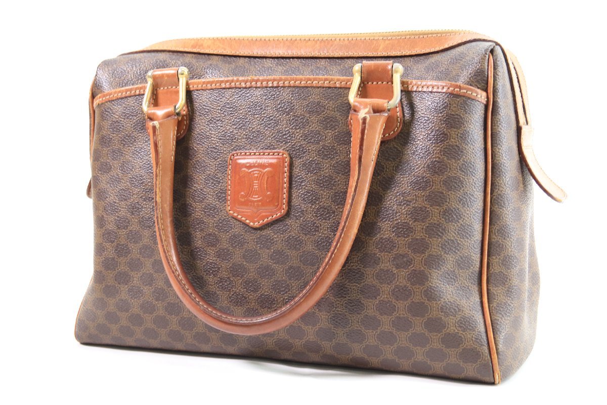 CELINE セリーヌ マカダム ミニボストン ブラウン PVC レザー ハンドバッグ カバン 6973-U