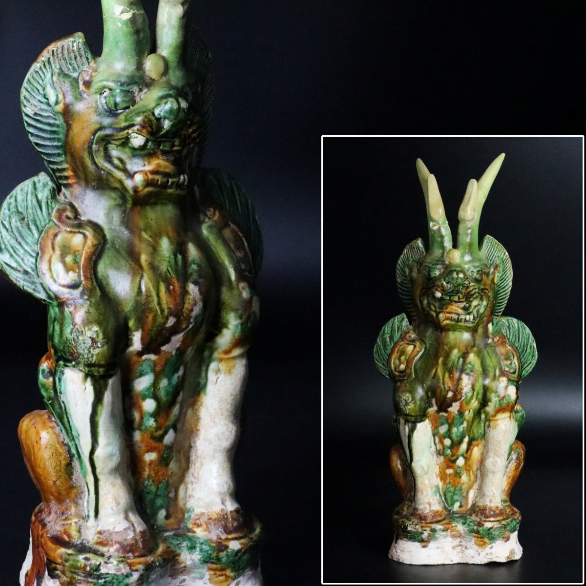 宙】中国古玩 唐三彩 鎮墓獣 34.9cm 墓守の鬼 陶器 置物 唐物 骨董 
