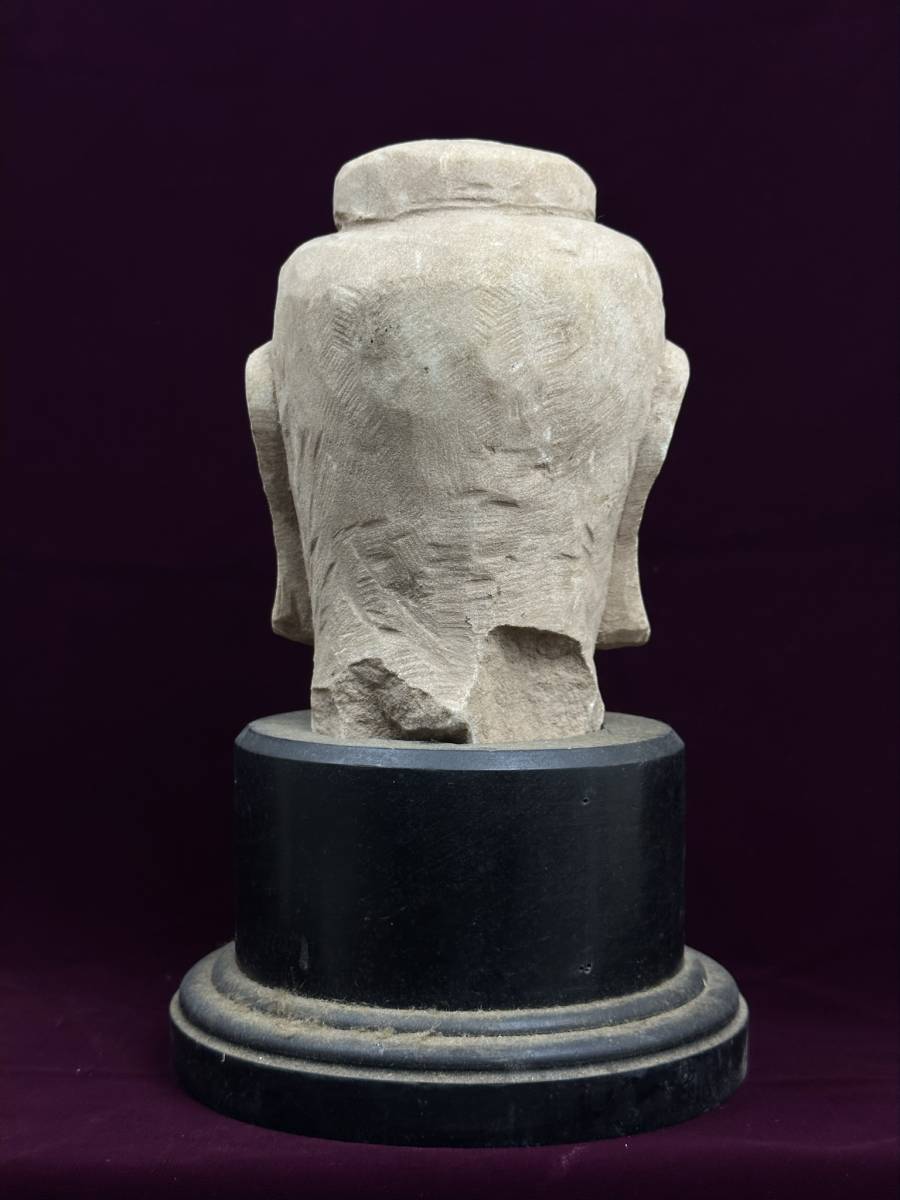 石造 仏頭 石仏 重量3337.9g 高さ25.0cm 木製台付 天然石［検索/仏教 