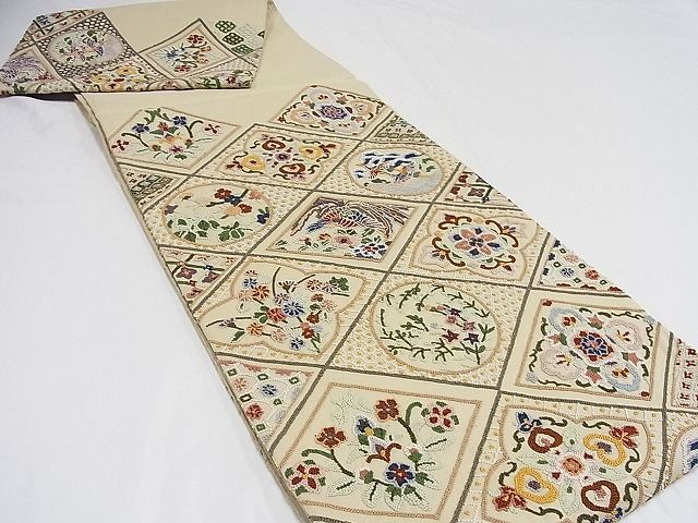 美品 袋帯 中国三大刺繍 六通柄 着物屋こころ□六通太鼓柄袋帯 中国三大刺繍 スワトウ刺繍 汕頭刺繍 飾
