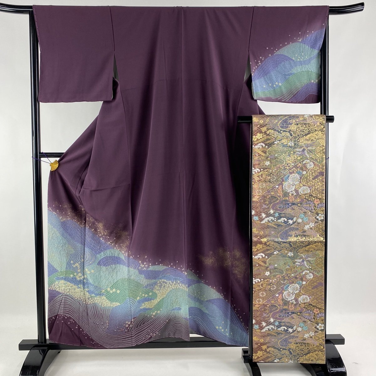 訪問着 美品 秀品 袋帯セット 波 波頭 金糸 絞り 紫 袷 身丈158.5cm 裄丈66.5cm S 正絹 【中古】