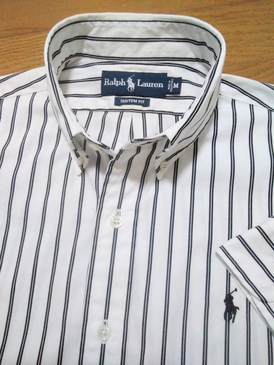 送料210円〜／MカスタムフィットⅢラルフローレン／インパクト21Ⅲ長袖ボタンダウンシャツ／ワンポイント有　白地に黒ストライプ
