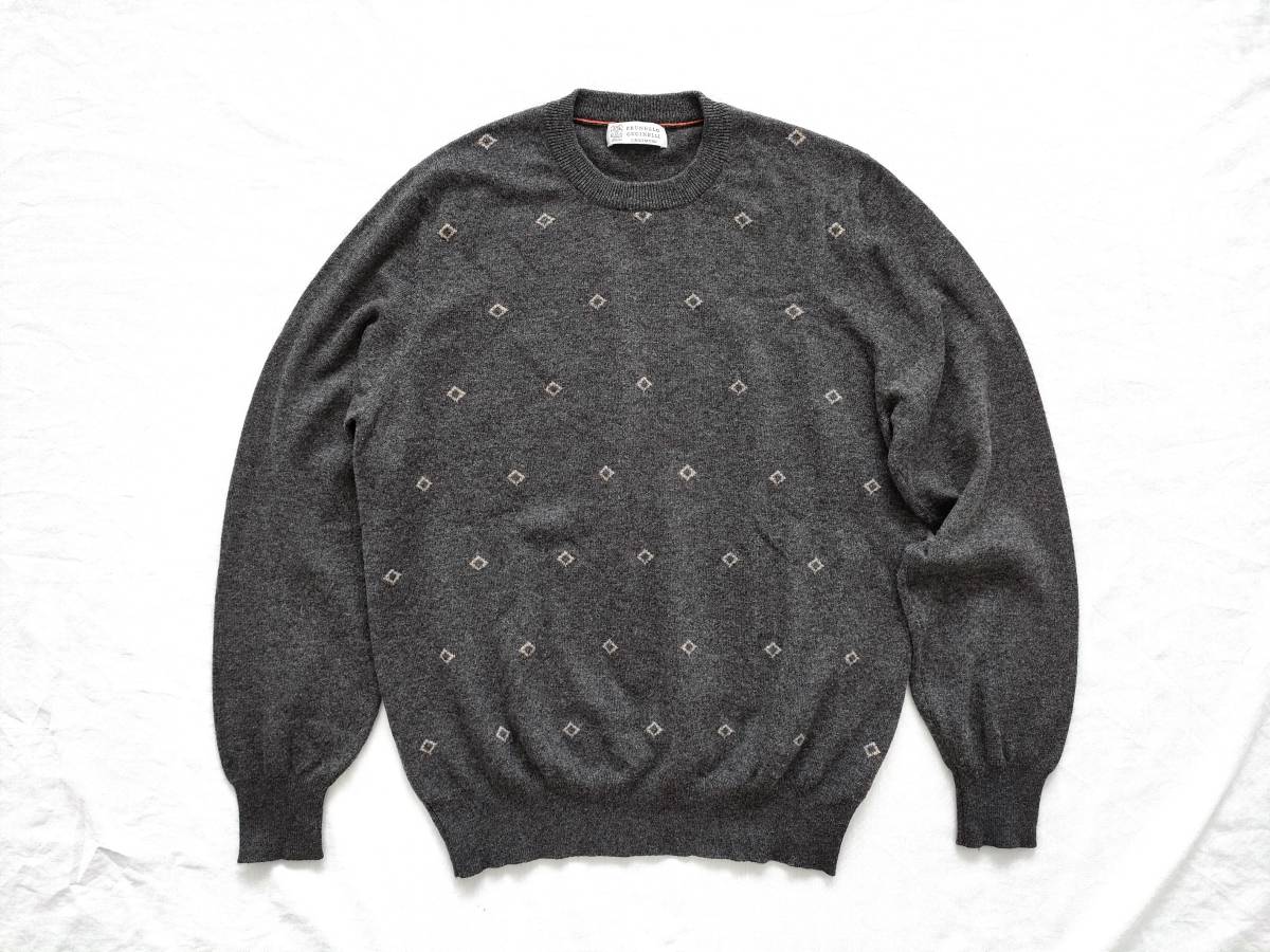 極美品 Brunello Cucinelli カシミヤ100% 定価20万円超 イタリア製 クルーネック 小紋柄 グレー 50 最高峰 丸首 ブルネロ口ネリ 