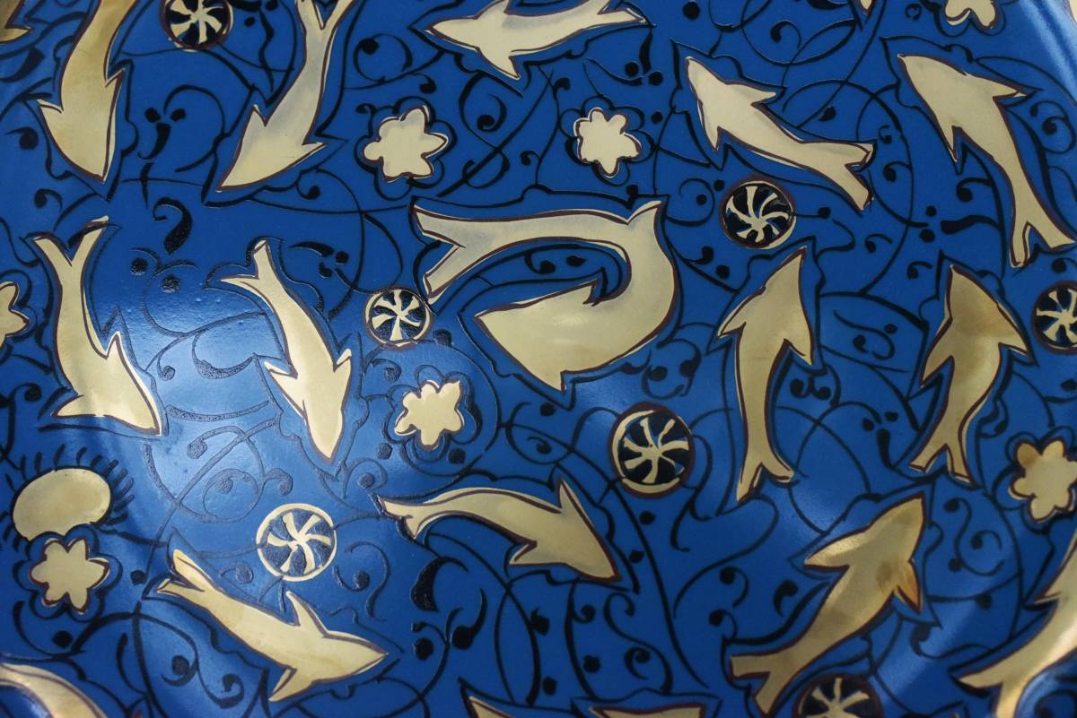 人間国宝の加藤卓男◇幸兵衛窯◇青釉金彩魚紋大皿◇