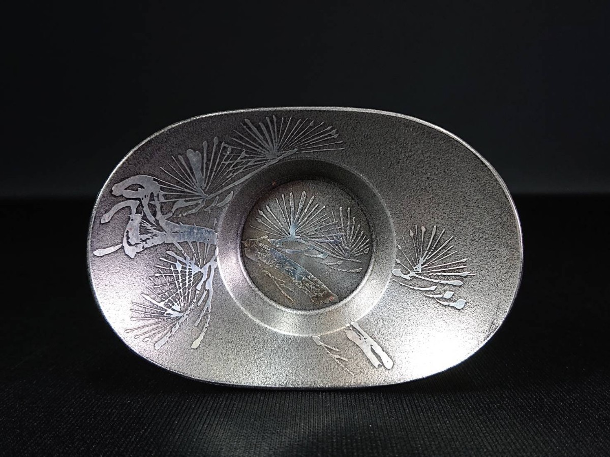 □乾茂號造 純錫 茶托 5客 在銘 刻印 五君子図 錫器 総重量317g 金属