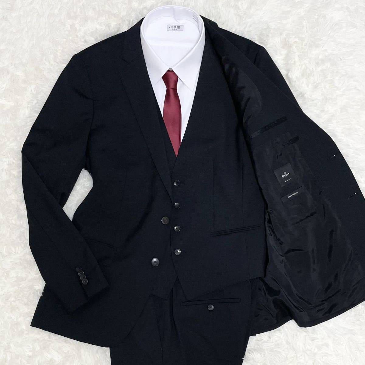極美品 L HUGO BOSS 最高級生地REDA ウール100 3P スーツ セットアップ ブラック ヒューゴ ボス スリーピース ベスト 黒 リダ レダ 通年