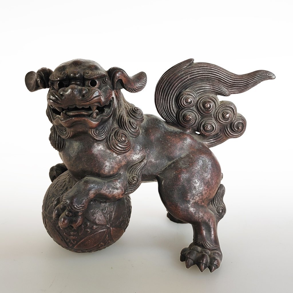 時代 備前焼 玉獅子 細密工物 伝統工芸 狛犬 置物 幅26.5cm 高さ