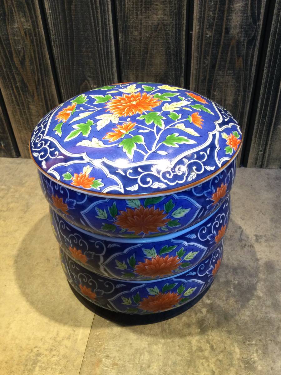 美品 和食器 庫山窯 三ッ重鉢 三段重 重箱 お重 おせち 陶器 多用途 丸