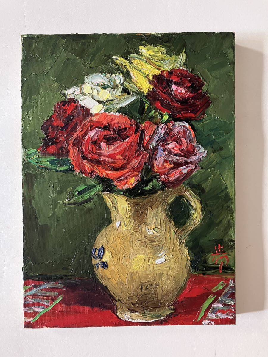 【真作保証】萩谷巌◆ばら・油彩4号・萩谷レッド満載の静物画・松坂屋購入・サロン・ドートンヌ会員・師.黒田清輝