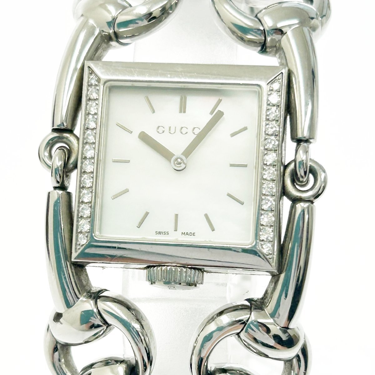 【1円スタート】【箱付き】GUCCI グッチ 116.3 シニョーリア ダイヤベゼル SS シェル文字盤 クオーツ レディース腕時計 192306
