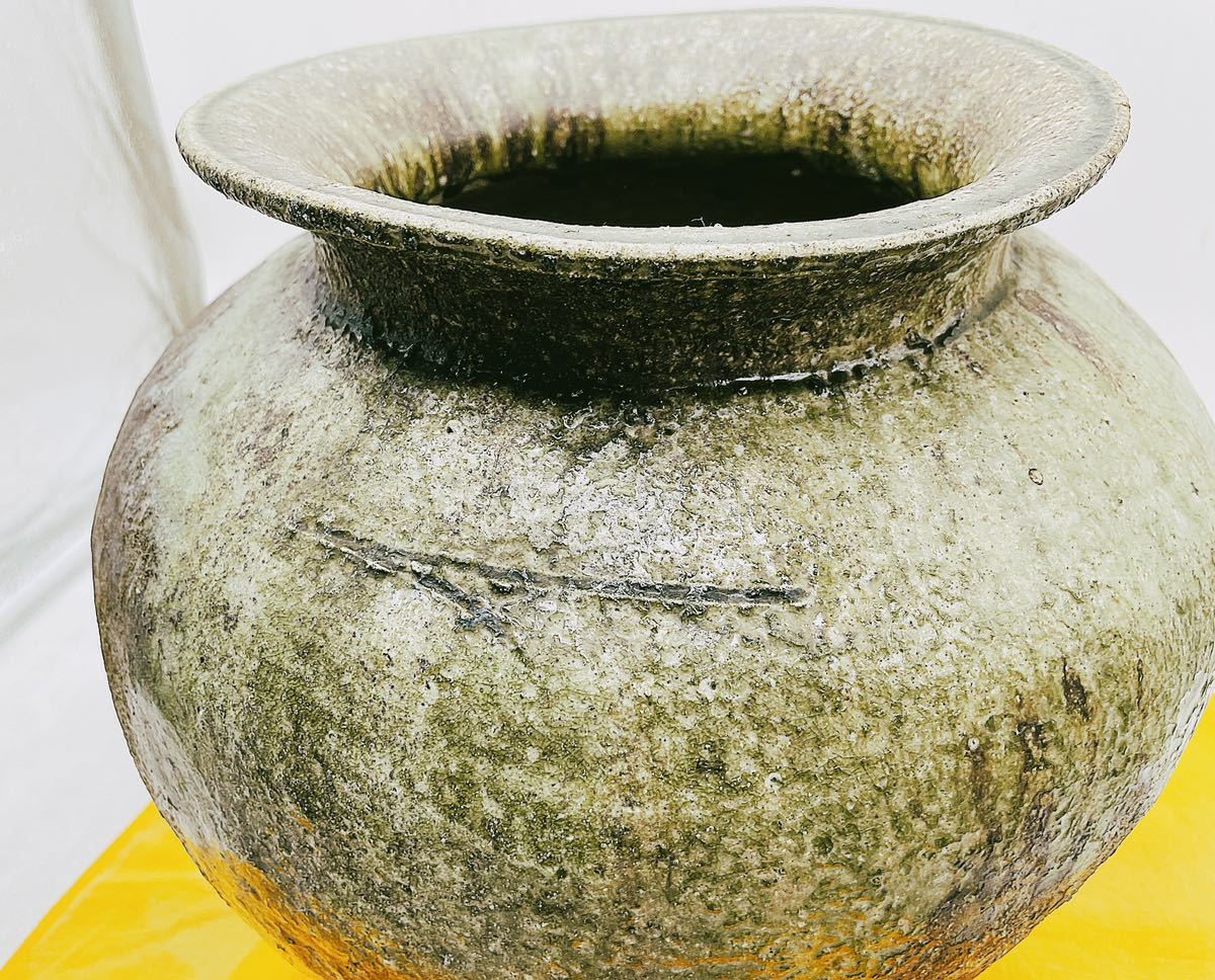中古】江崎一生 灰釉 大壺 常滑焼 花入 花瓶 花器 共箱 古