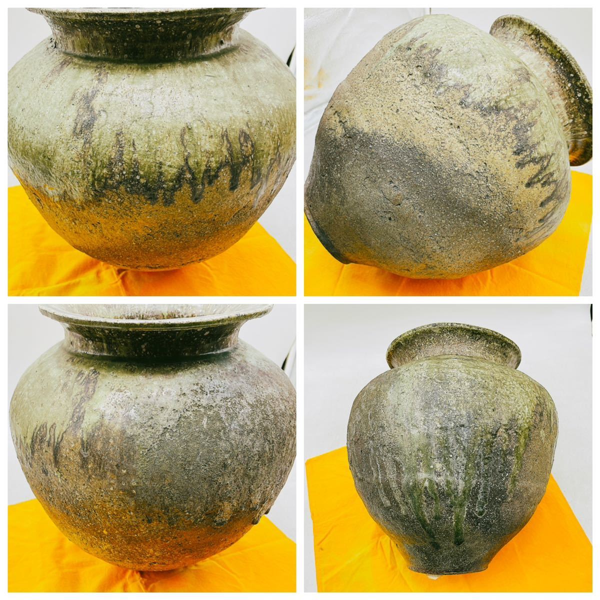 中古】江崎一生 灰釉 大壺 常滑焼 花入 花瓶 花器 共箱 古美術 骨董 緑