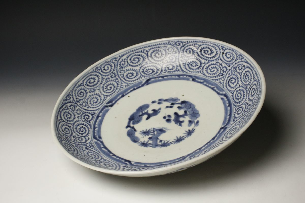 LIG 古伊万里 大明成化年製 染付 蛸唐草文松竹梅図皿 30.5㎝ 古美術品