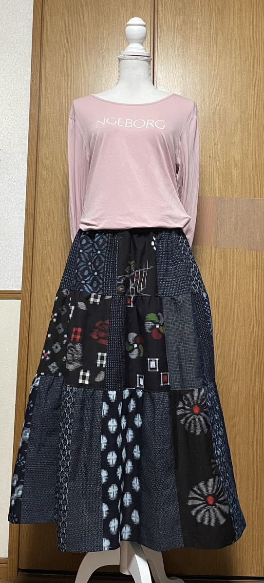 着物リメイク　シンプル　絣など木綿のパッチワークティアードスカート 着物リメイク 絣など木綿のパッチワークティアードスカート