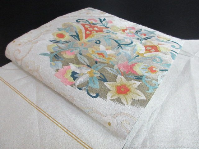 1円 良品 正絹 開き名古屋帯 綴れ オリエンタル草花 花唐草 お太鼓柄 お洒落 高級 八寸帯 長さ381cm【夢職】★★★
