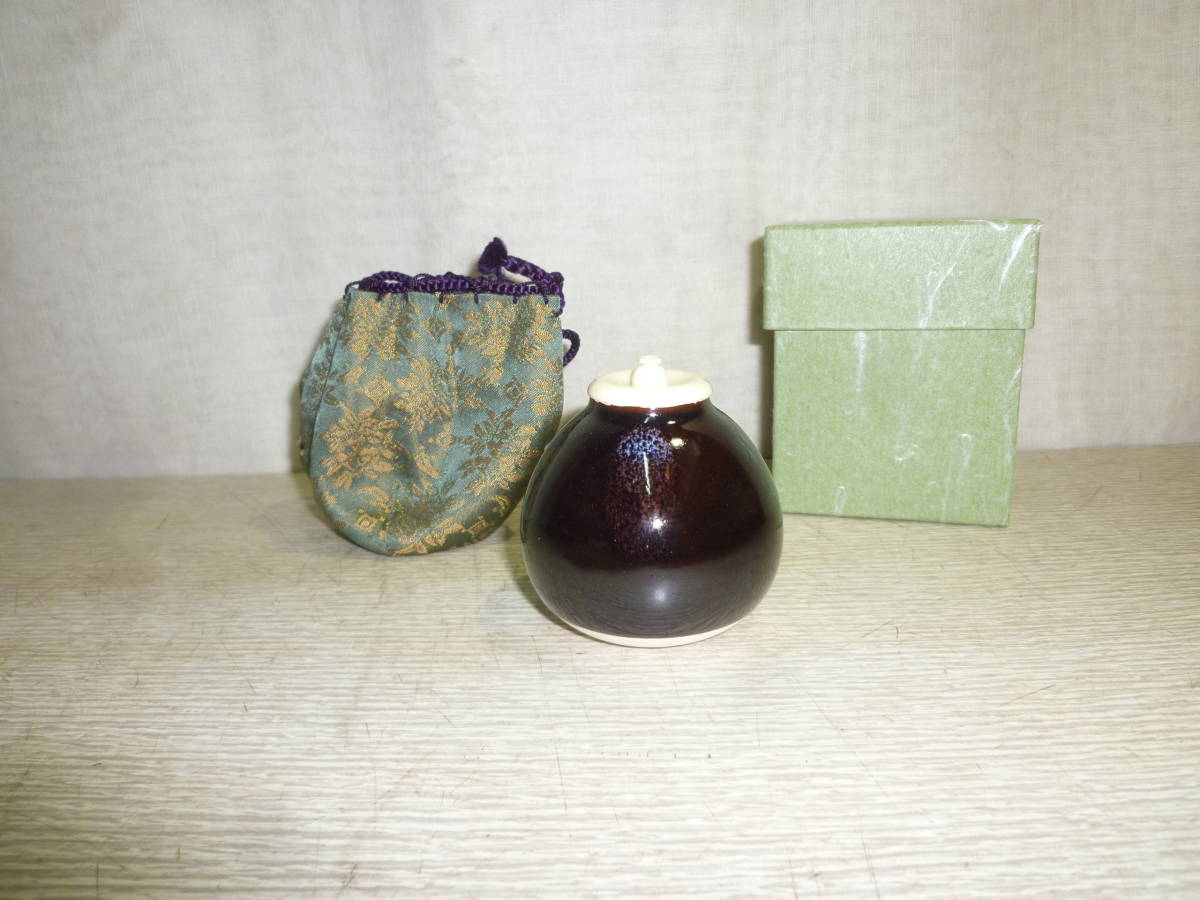 茶道具 | 新古茄子茶入 錦玉堂 仕覆：下妻緞子 共箱入 信水