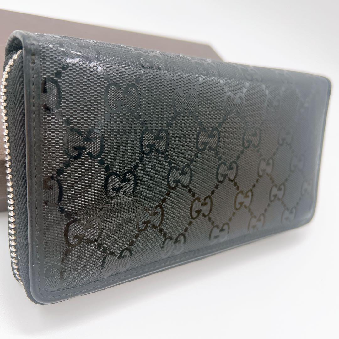 極美品 グッチ GUCCI 長財布 ラウンドファスナー GG インプリメ 黒 革